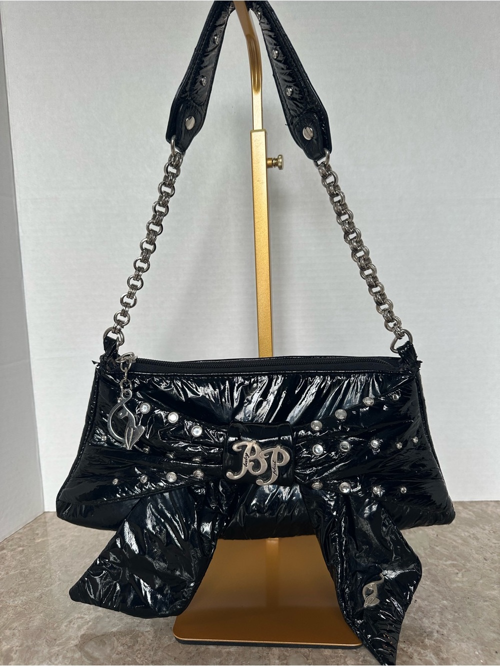 VTG Baby Phat Black Patent Bow Mcbling Shoulder Bag Y2K Grunge Glam Rhinestone
